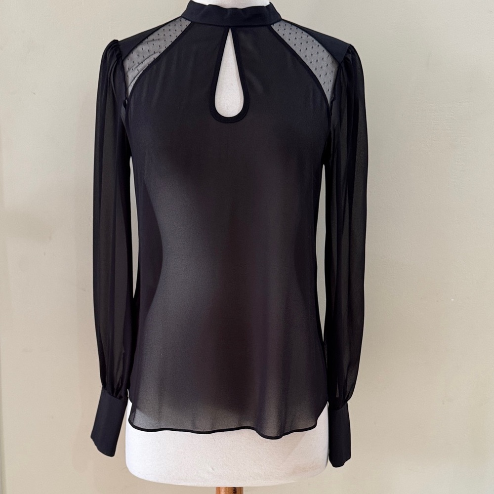 BCBG Black Sheer Long-Sleeve Keyhole Blouse